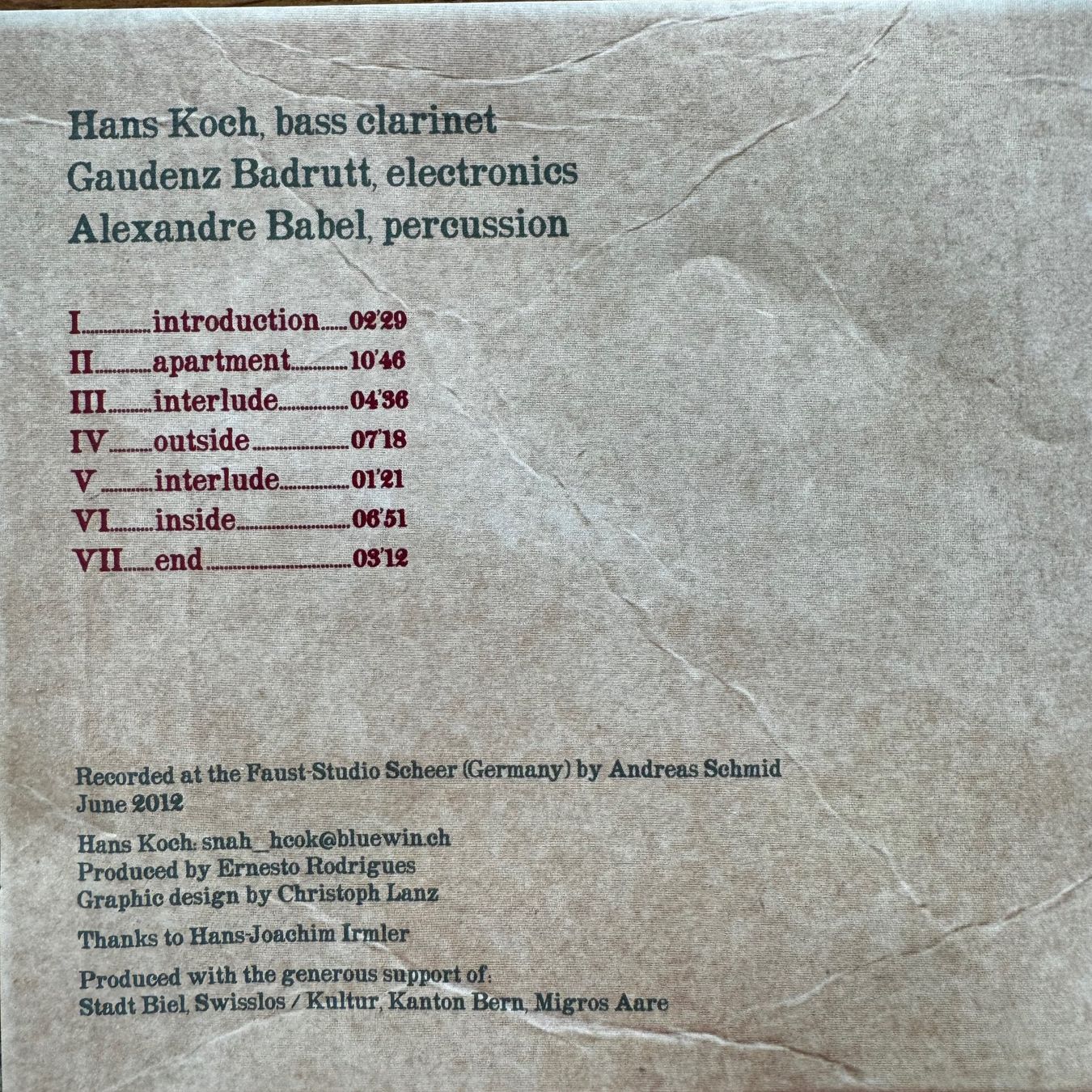 CD: Hans Koch - Gaudenz Badrutt - Alexandre Babel (CD) 2013 – Usato da Zug venduto da Mirare9 1