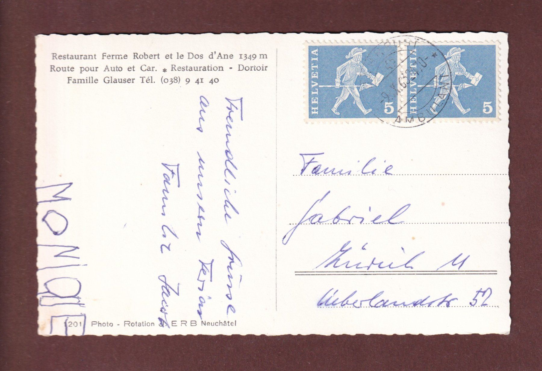 Cartes postales: FERME ROBERT et Dos d'Âne - 1963 – D'occasion à Pully par nicecards-shop 1