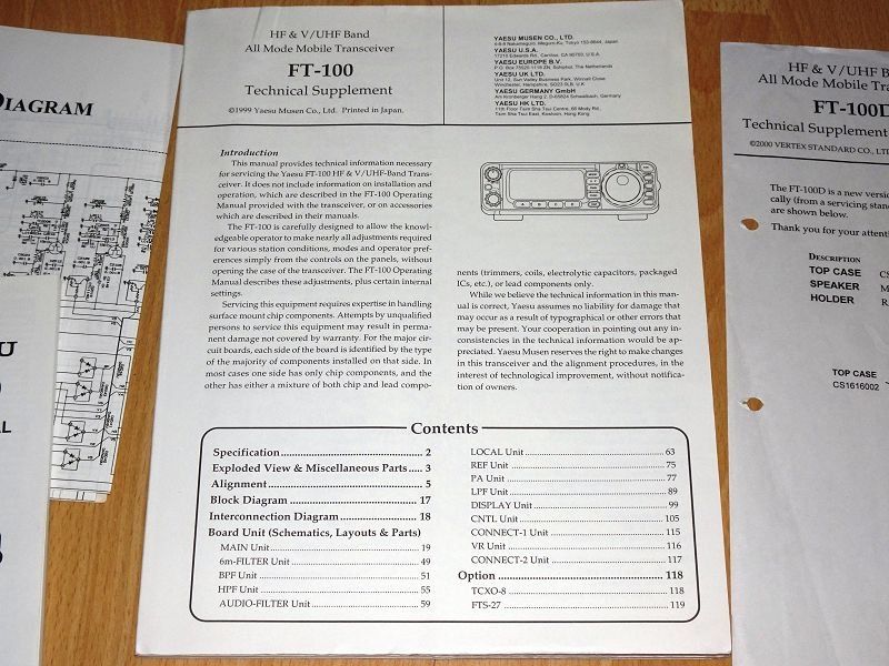 Radiocomunicazione: YAESU FT-100 Technical Supplement, FT-100D Operating Manual – Usato da Oberwil b. Zug venduto da Code10