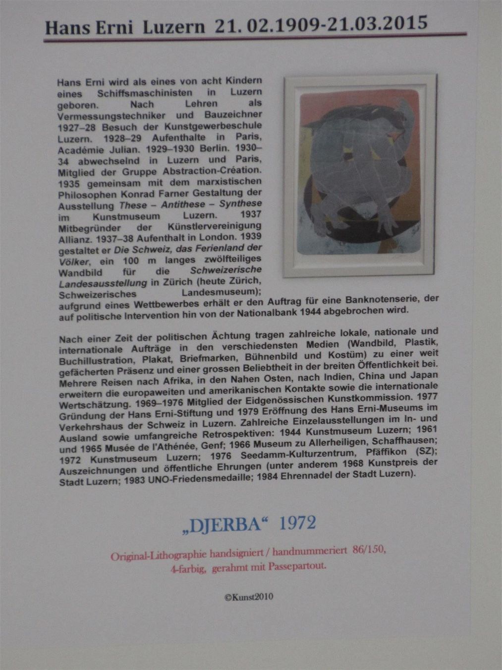 Grafiken & Lithographien: Hans Erni Lithographie DJERBA  hs.hn. – Neu (gemäss Beschreibung) aus Weinfelden von Kunst2010 6