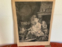 Kupferstich Jean-Baptiste Greuze Mutter mit Kindern gebra...