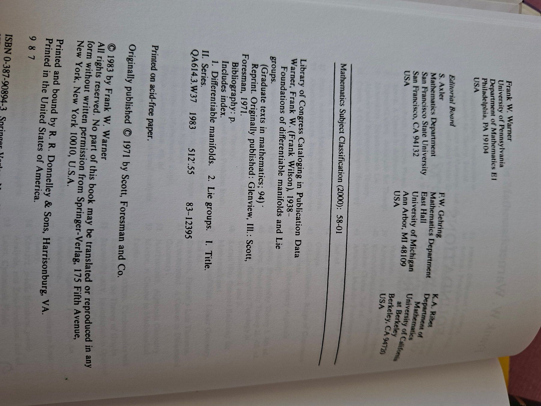 Libri: Foundations of Differentiable Manifolds - Warner, Top! – Usato da Olten venduto da kate202122 1