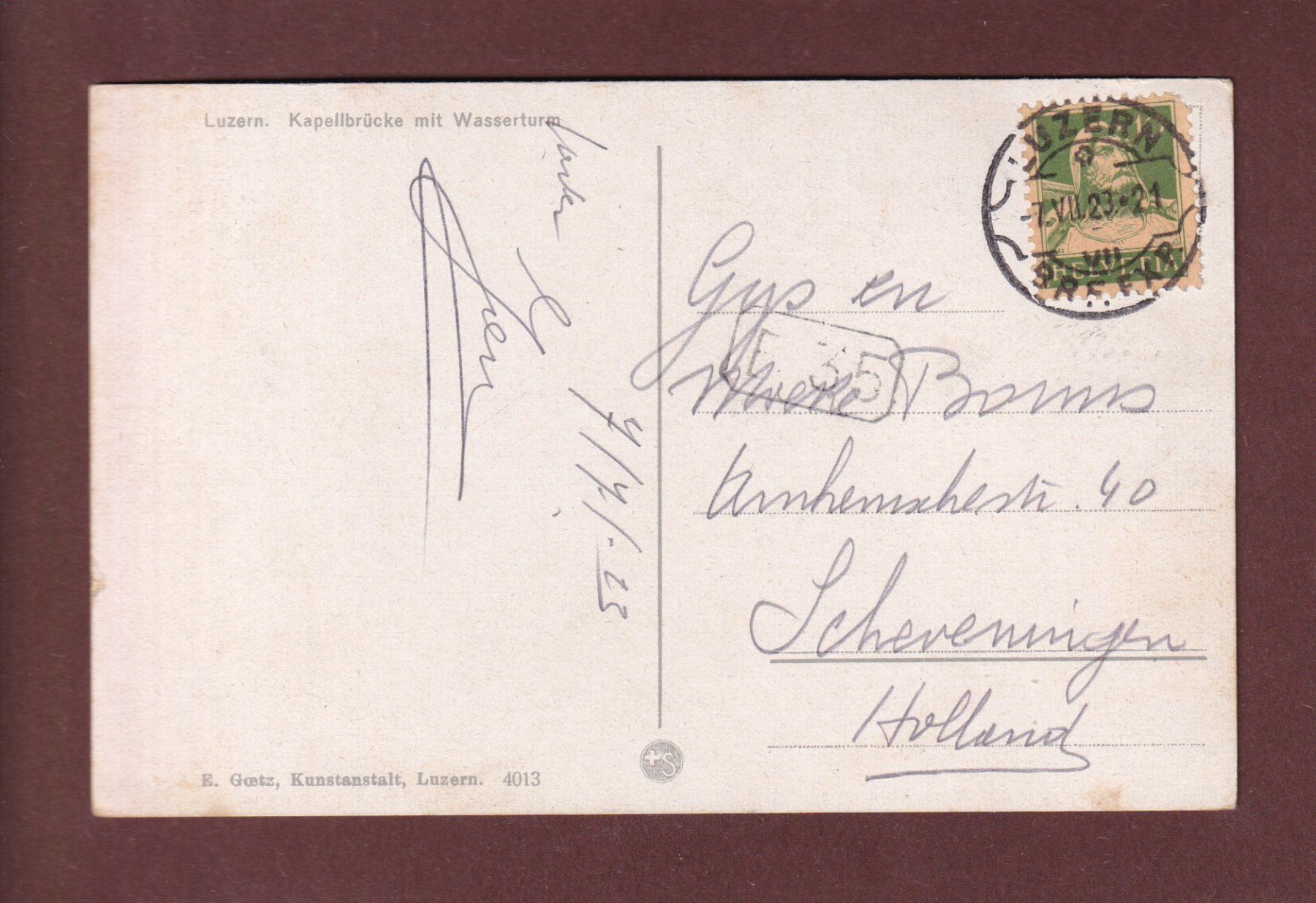 Cartoline postali: LUZERN - Kapellbrücke - Wasserturm - 1923 – Usato da Pully venduto da nicecards-shop 1