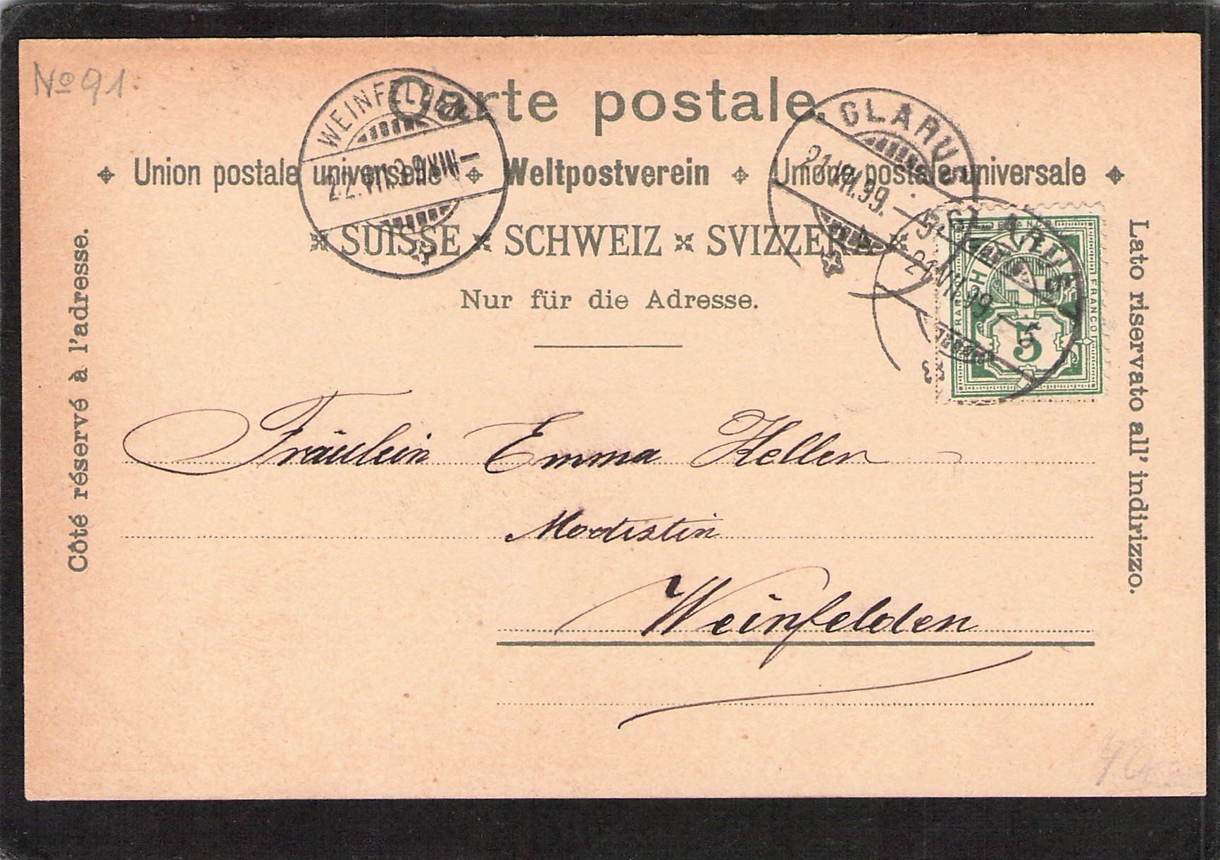Cartoline postali: Litho : Gruss aus Glarus , gel. 1899 – Usato da Reichenburg venduto da Pipo-67 1