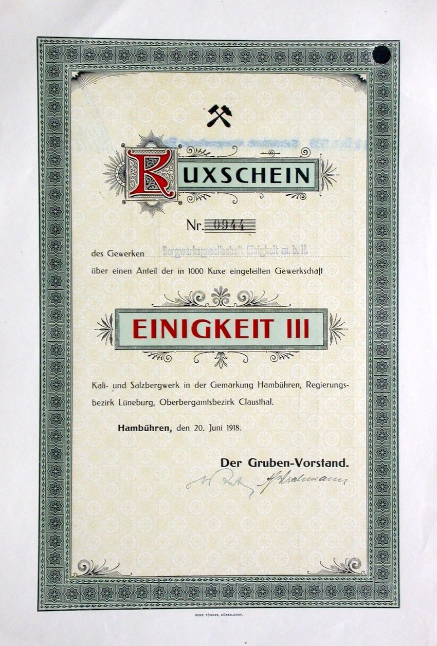 Documenti: Gewerkschaft Einigkeit III, Hambühren - 1918 – Usato da Solothurn venduto da Sgasche