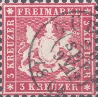 Württemberg 26, 3 Kreuzer Wappen Ausgabe v. 1863 gestempelt