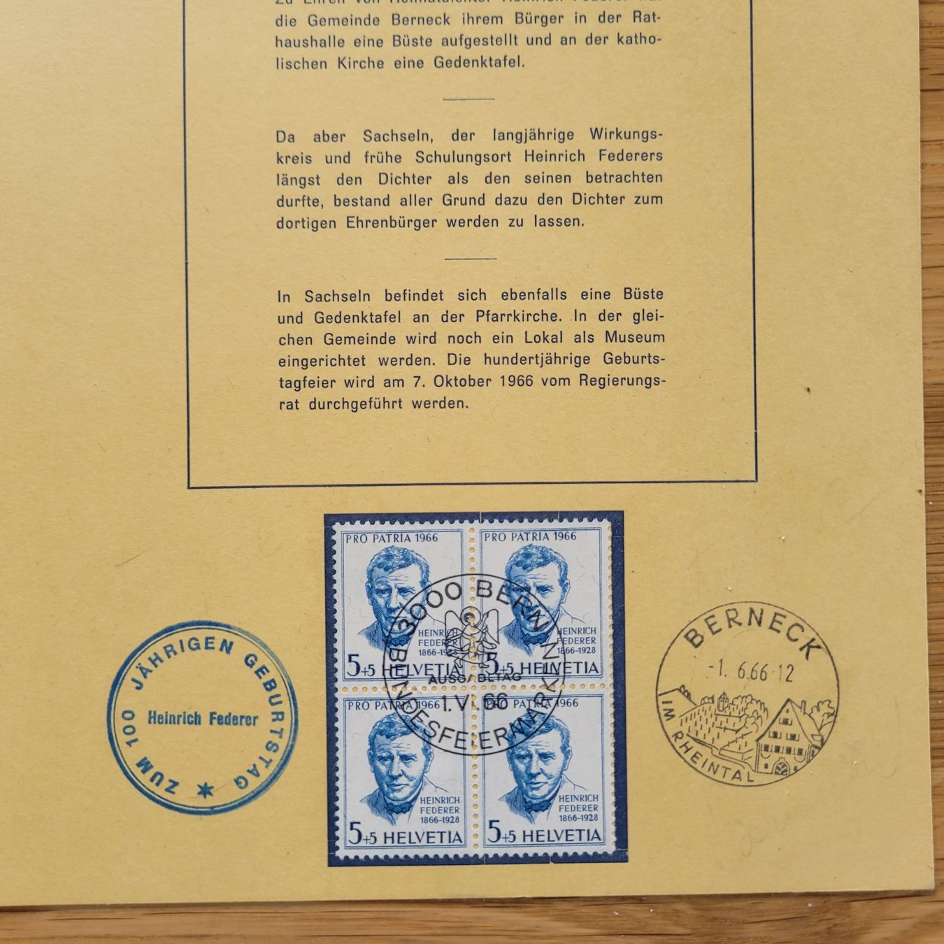 Tutti i francobolli: Document Berneck 1966 Heinich Federer Pro Patria – Usato da Biel/Bienne venduto da Destockweb 2