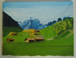 Berglandschaft mit Alphütten Oel auf Leinen