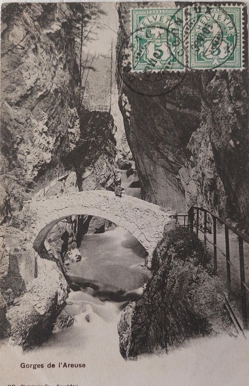 Cartoline postali: GORGES  DE  L'AREUSE  -  1906 – Usato da Delémont venduto da Domdom1