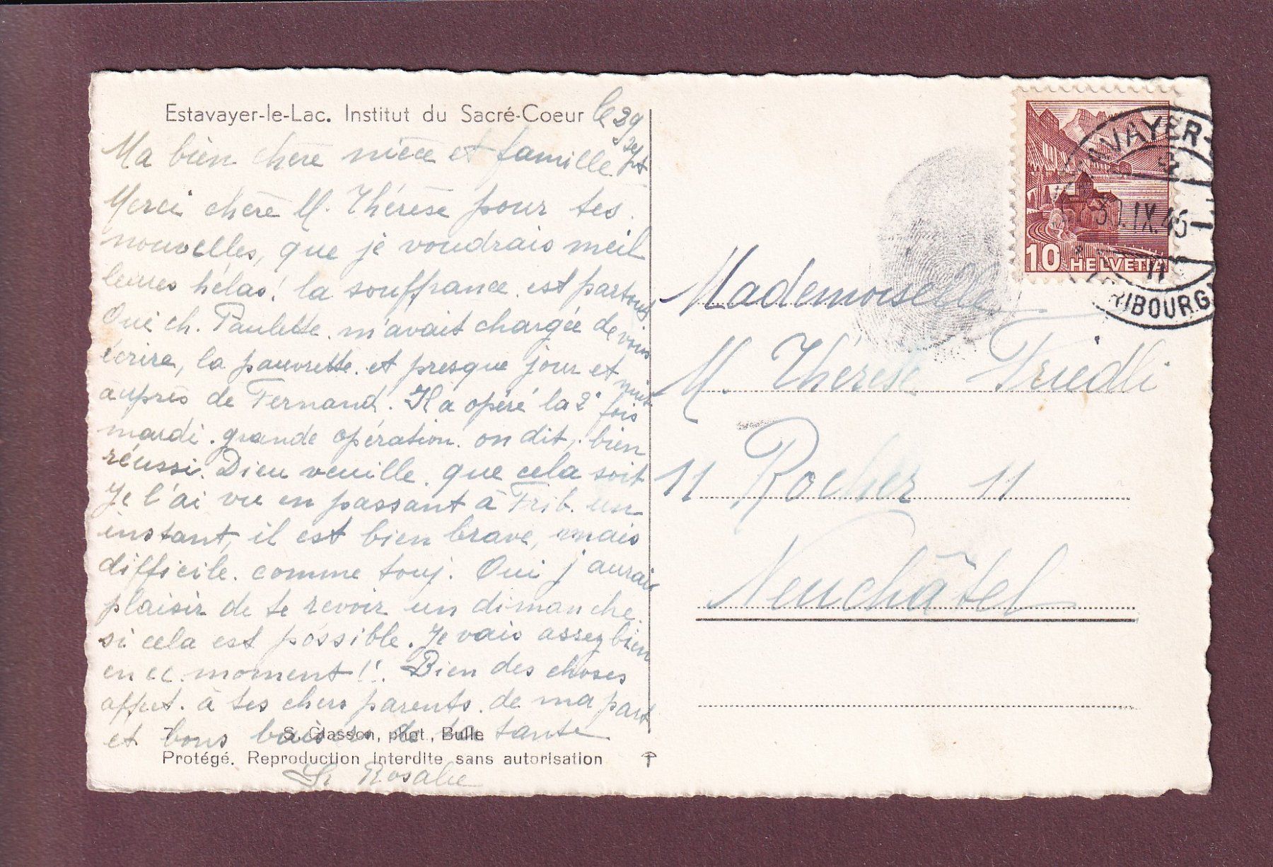 Cartoline postali: ESTAVAYER - Institut Sacré-Cœur - 1945 – Usato da Pully venduto da nicecards 1