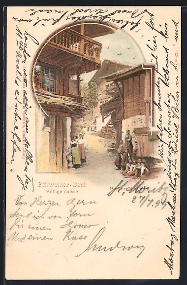 Cartoline postali: Schweizer-Dorf, Wegpartie mit Häusern,  – Usato da Berlin venduto da bartko-reher