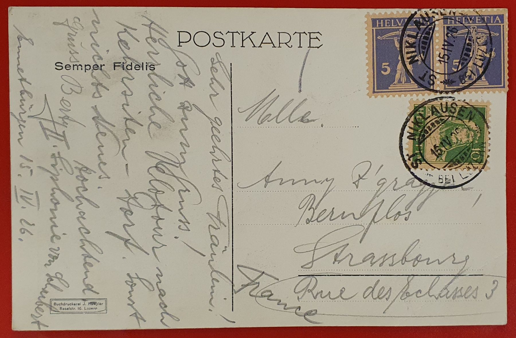 Cartoline postali: Luzern 1926 - Semper Fidelis – Usato da Kreuzlingen venduto da Rschweiz1 1