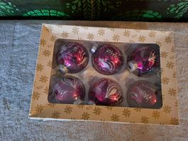 6 alte,Vintage Weihnachtskugeln Glas violett-silber
