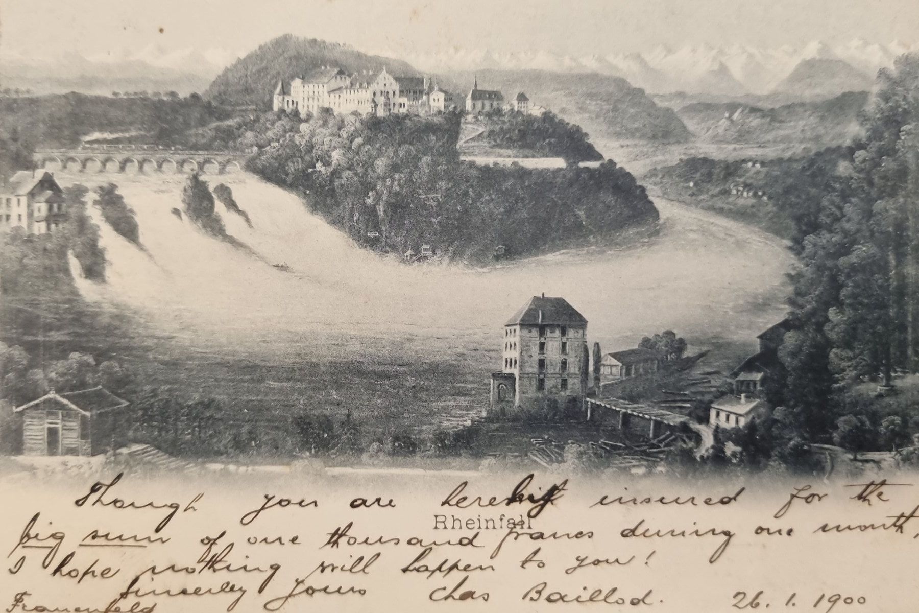Cartoline postali: Postkarte Rheinfall mit Versicherungsschein, 1900 – Usato da Caslano venduto da alaniselin 1