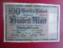 Alte 100 Mark Bayerische Banknote von 1922, Rarität!