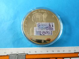 vergoldete Medaille 50 mm PP, 1000 Frankennote 1957
