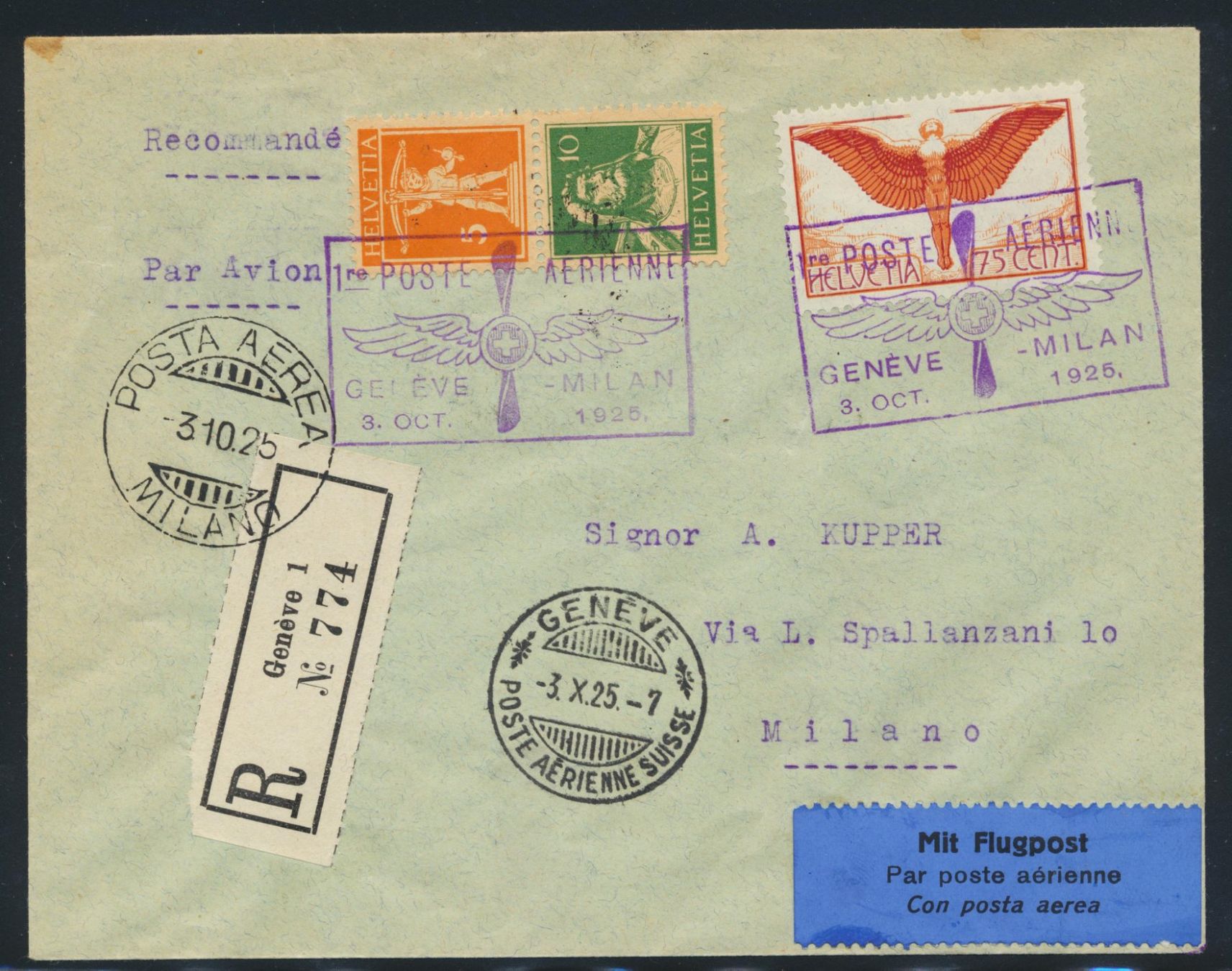 Tutti i francobolli: Flugbrief Genève-Milano 1925 – Usato da Roggwil BE venduto da Stampdealer3