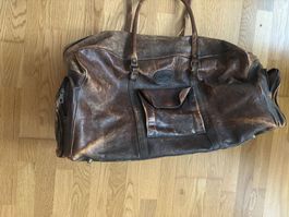 Antik BRAUNE DICKE LEDER Reisetasche Herren Vintage Stil (N)