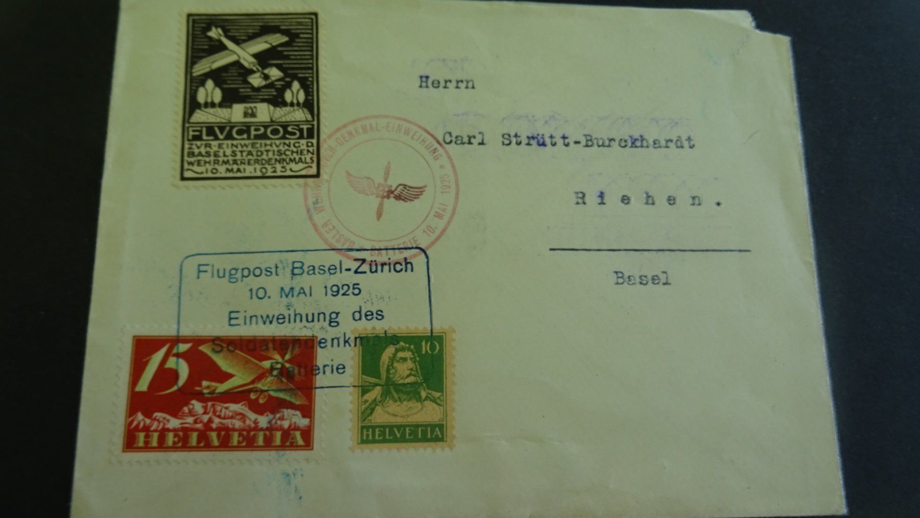 Alle Briefmarken: 10.V.25. FLUGPOST ZÜRICH-BASEL; VIGNETTE – Gebraucht aus Eschenbach SG von eDaisy