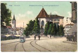 AK Zürich Wasserkirche Zwinglidenkmal Tram