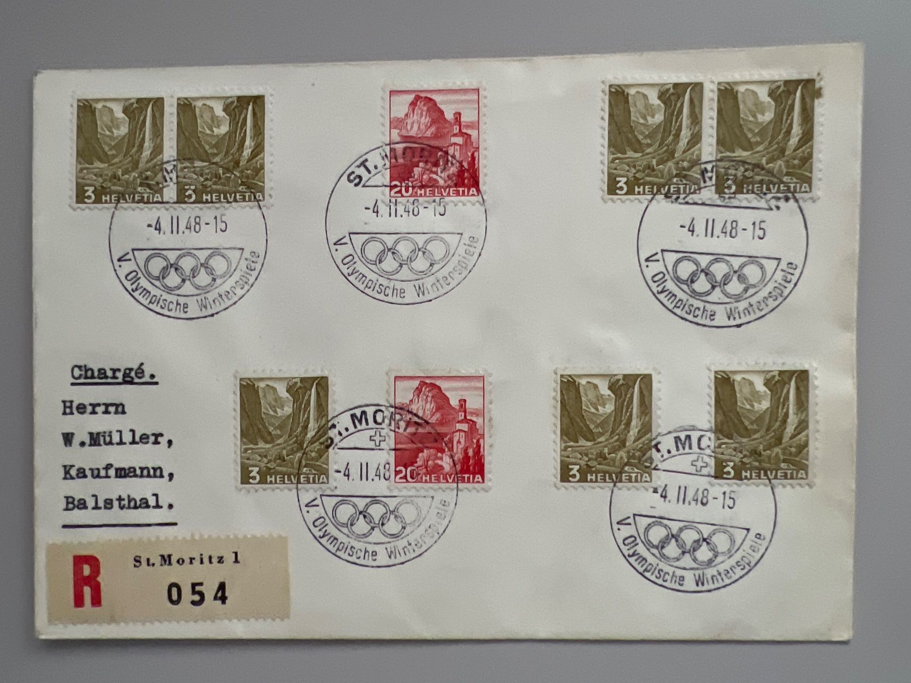 Tutti i francobolli: 1948 Winter-Olypiade St.Moritz Eings.Brief mit Nr. 201+215 – Usato da Buchrain venduto da Bonoli
