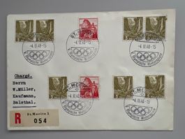 1948 Winter-Olypiade St.Moritz Eings.Brief mit Nr. 201+215