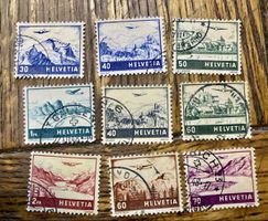 Lot de 9 timbres Helvetia aériens oblitérés divers