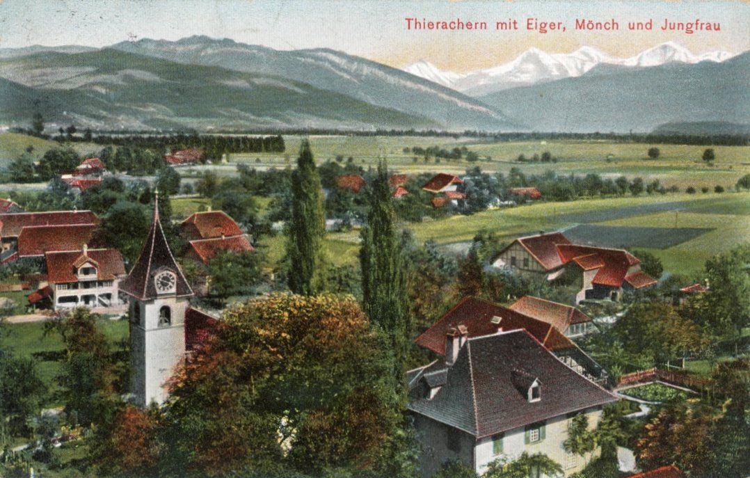 Cartes postales: Thierachern   BE  mit Eiger, Mönch & Jungfrau    um  1 9 1 1 – D'occasion à Brig par Valcards54