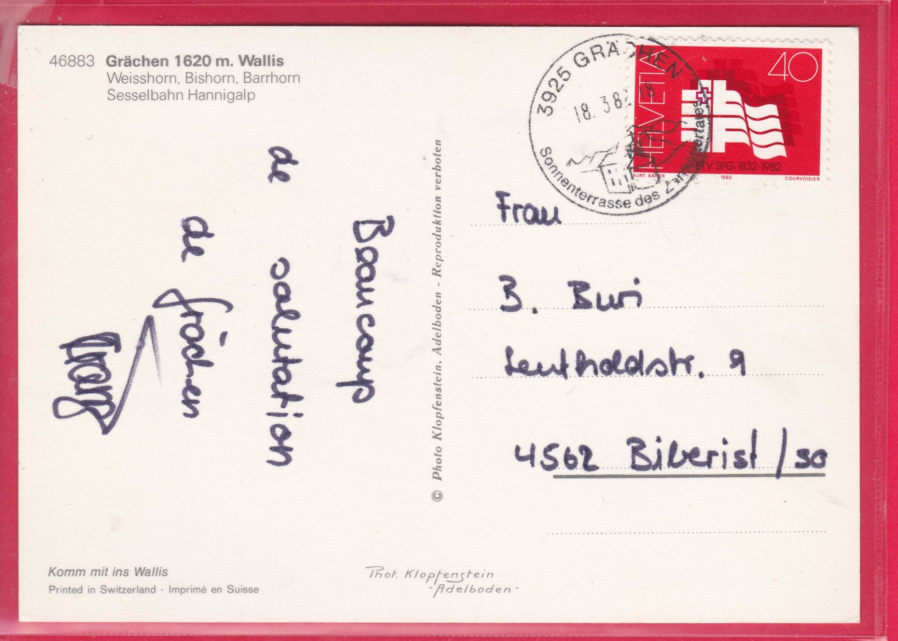 Cartoline postali: GRÄCHEN, SESSELBAHN HANNIGALP, 18.3.1982 – Usato da Oberrieden venduto da Gebirgsstelze 1