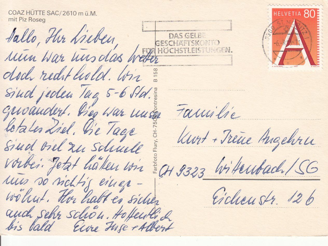 Cartoline postali: Coaz-Hütte 1993 – Usato da Bürglen TG venduto da StampGraf 1