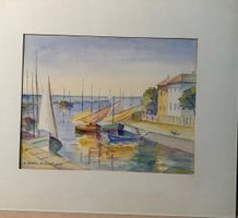 Charming Watercolor Painting of Boats in Harbor, 1953