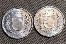 2 Fünfliber, Schweizer 5-Franken Münzen 1967