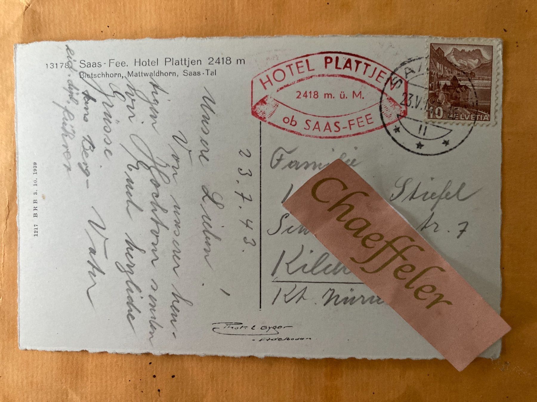 Cartoline postali: 1943 Saas - Fee, Hotel Plattjen – Usato da Zürich venduto da Chaeffeler 1