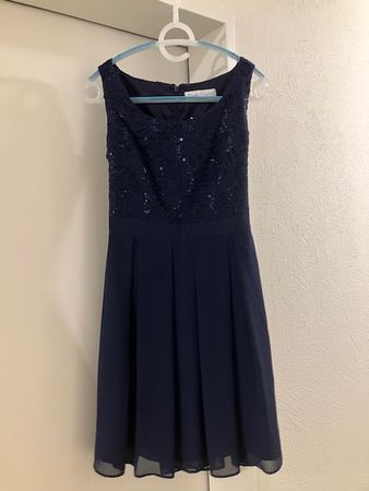 Elegantes Abendkleid dunkelblau mit Spitze und Pailletten 34