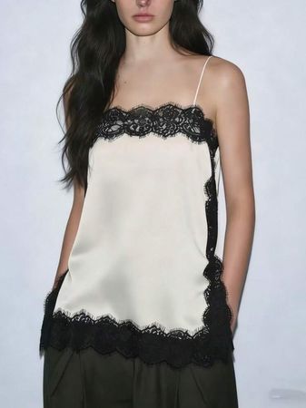 Ivory Cami Top with Black Lace Trim
