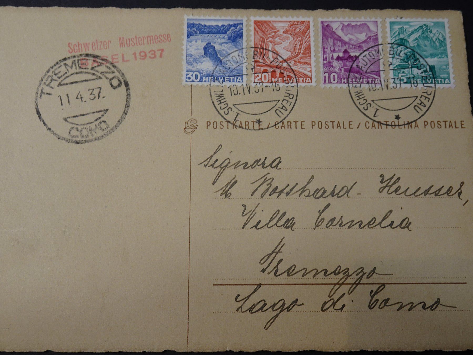 Tutti i francobolli: 11.4.37. SCHWEIZER MUSTERMESSE BASEL 1937, POSTKARTE – Usato da Eschenbach SG venduto da eDaisy