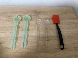 Salatbesteck transparent, Spachtel rot, 5 Teile