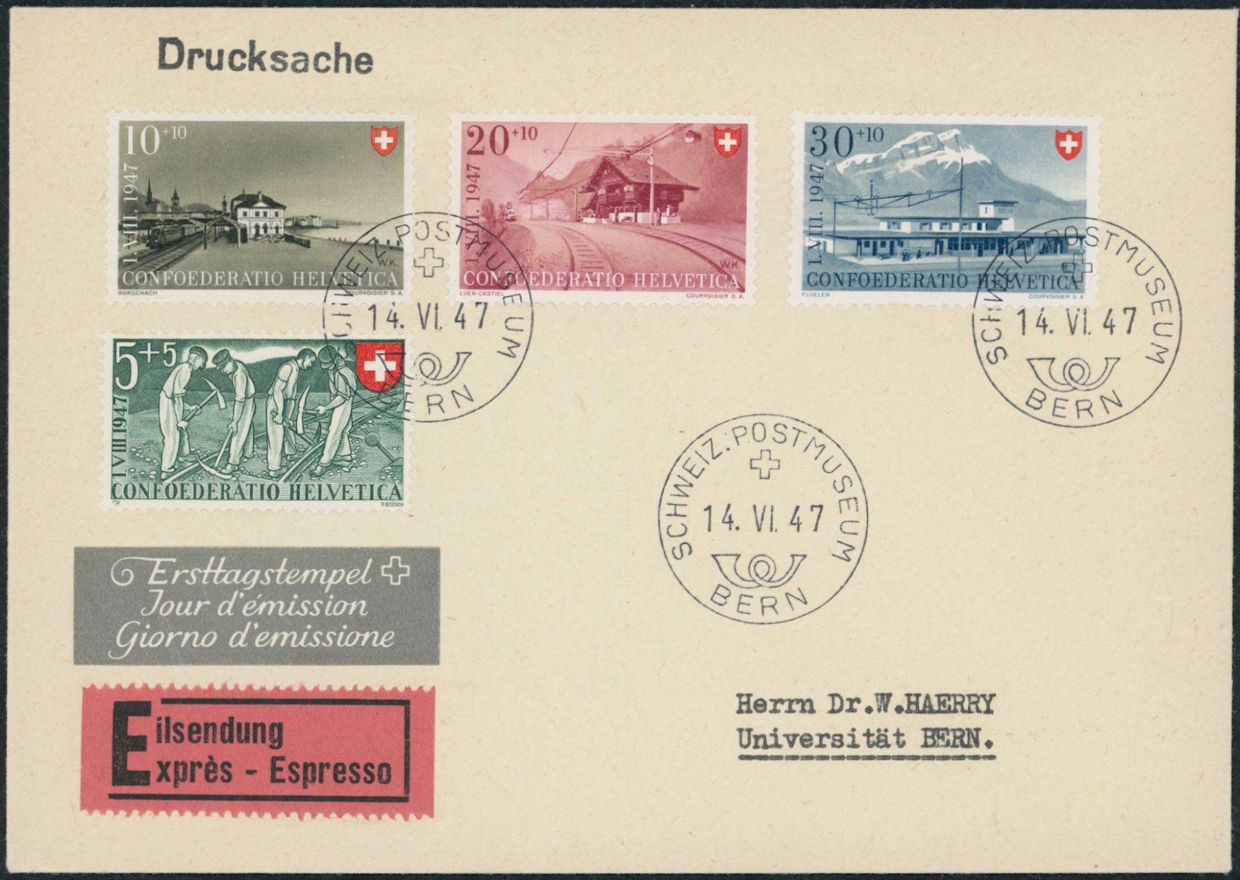 Tutti i francobolli: 1947 - Pro Patria - Ersttagsbrief FDC ET - Haerry – Usato da Schindellegi venduto da leecollect