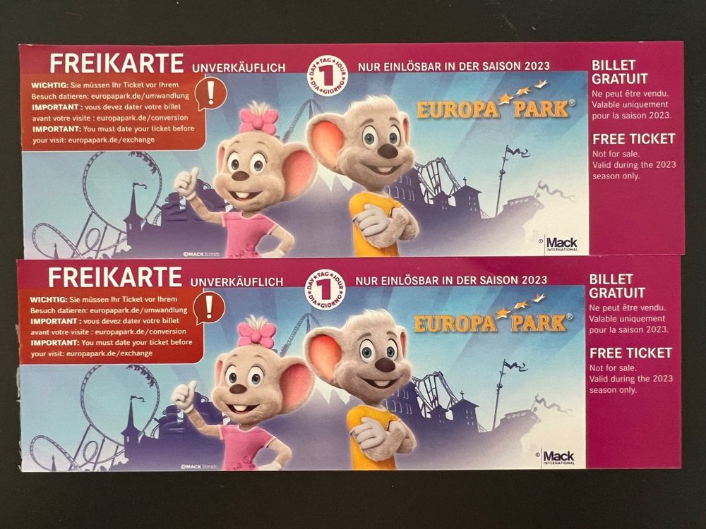 2 Freikarten /Gutschein Europapark Rust (Wert 130.) Kat. 1 Kaufen