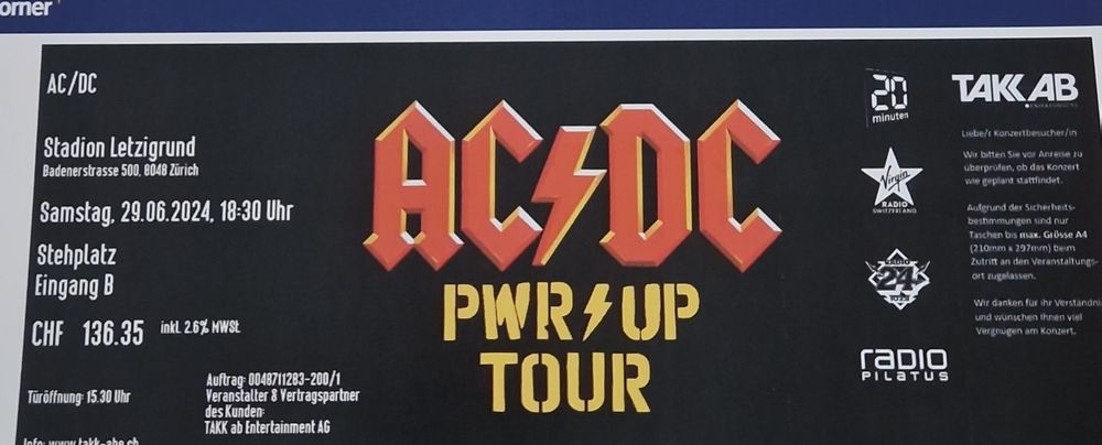 billet AC/DC (Neuf avec emballage d'origine) à Vallon pour CHF 300 ...