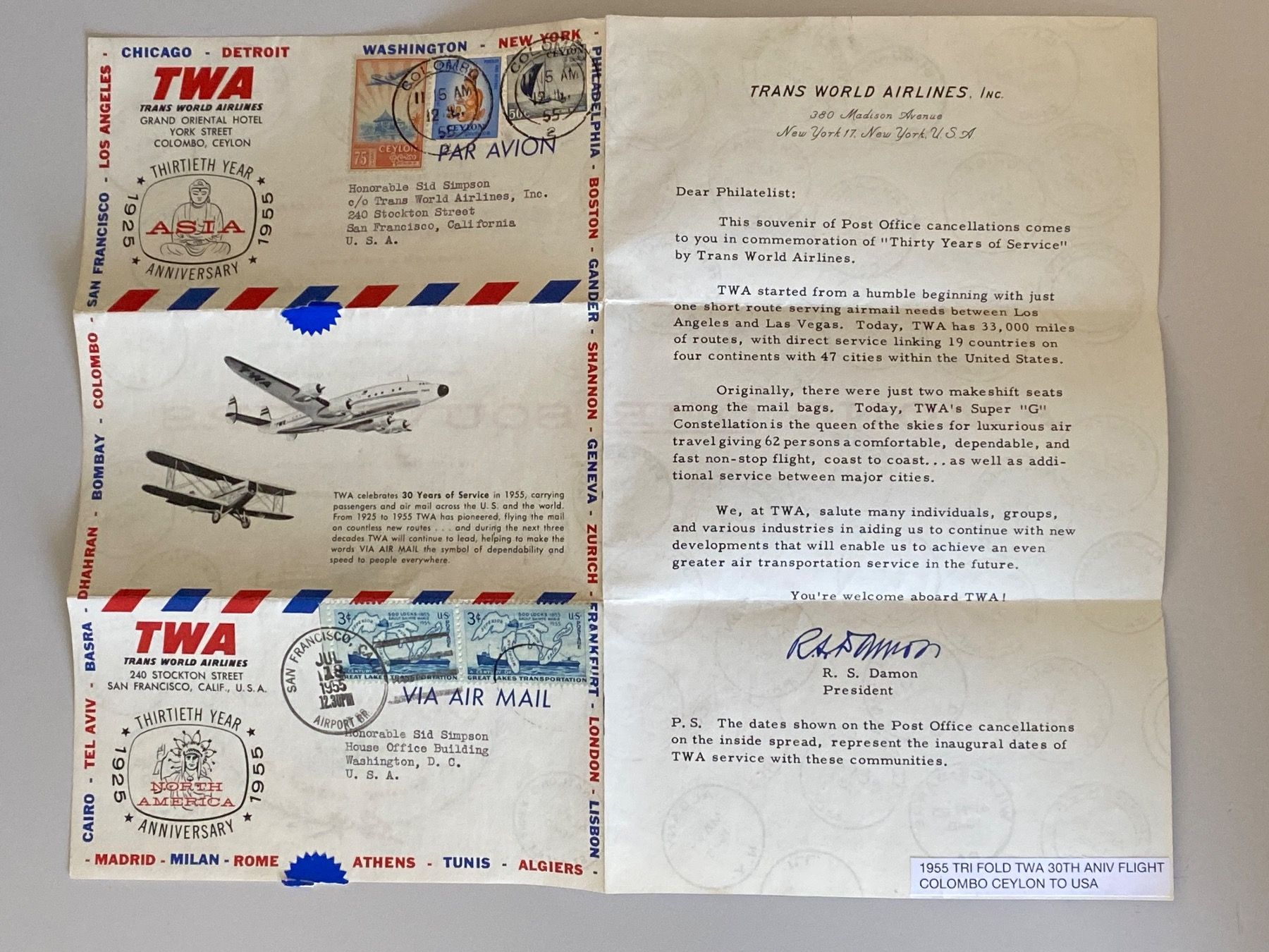 Alle Briefmarken: Colombo Ceylon 1955 Tri Fold TWA 30th Aniv. Flight – Gebraucht aus Emmenbrücke von Raro-Valioso 5