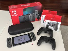 Nintendo Switch (V2) Set komplett, 2x Pro Controller, 400GB