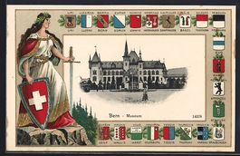 Präge-AK Bern, Museum, Helvetia mit Wap