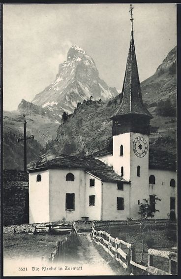 Ansichtskarten: AK Zermatt, Kirche mit Gebirgspanorama – Gebraucht aus Berlin von bartko-reher