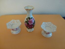Porzellan Vase + Kerzenhalter  Rosenmuster  Vintage Deko