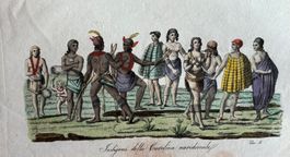 Altkolorierter Kupferstich um 1825 - Völker, Krieger