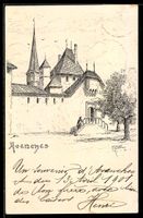 Lithographie Avenches, Château et clocher