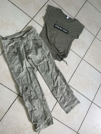 Grünes Cargo-Hosen Set mit Print-Shirt Gr.164 im Sommer ☀️