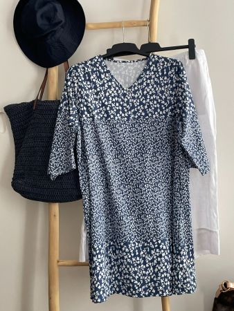 🍀🌺🍀Tunique fluide imprimé bleu-blanc XL-2XL, Neuf