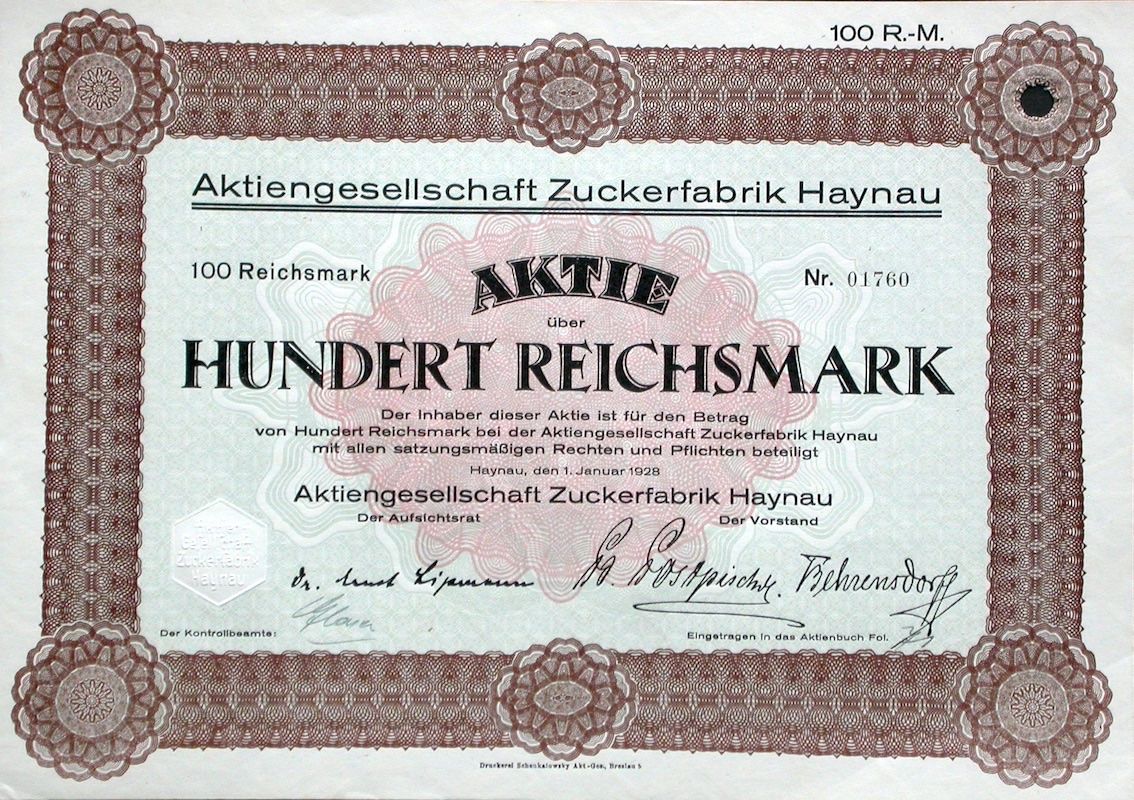 Documenti: AG Zuckerfabrik Haynau - 1928 – Usato da Solothurn venduto da Sgasche
